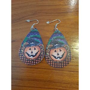 Halloween Faux Leather Pumpkin Teardrop Earring New Not Worn Double-Sided Design
